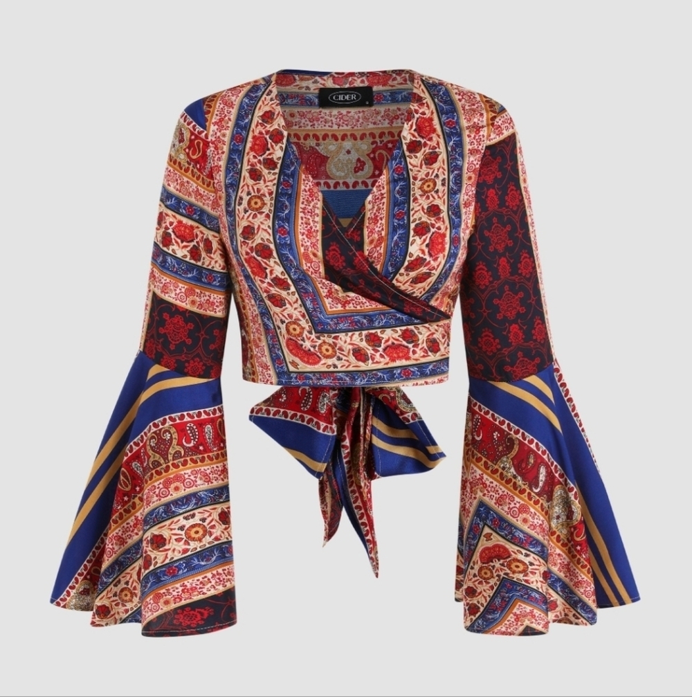 Cider Blue and Orange Wrap Blouse with Bell Sleeves